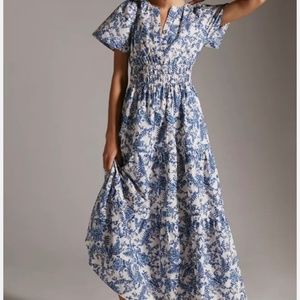 Anthropologie Somerset Maxi Dress Ivory Blue Floral, Size Small